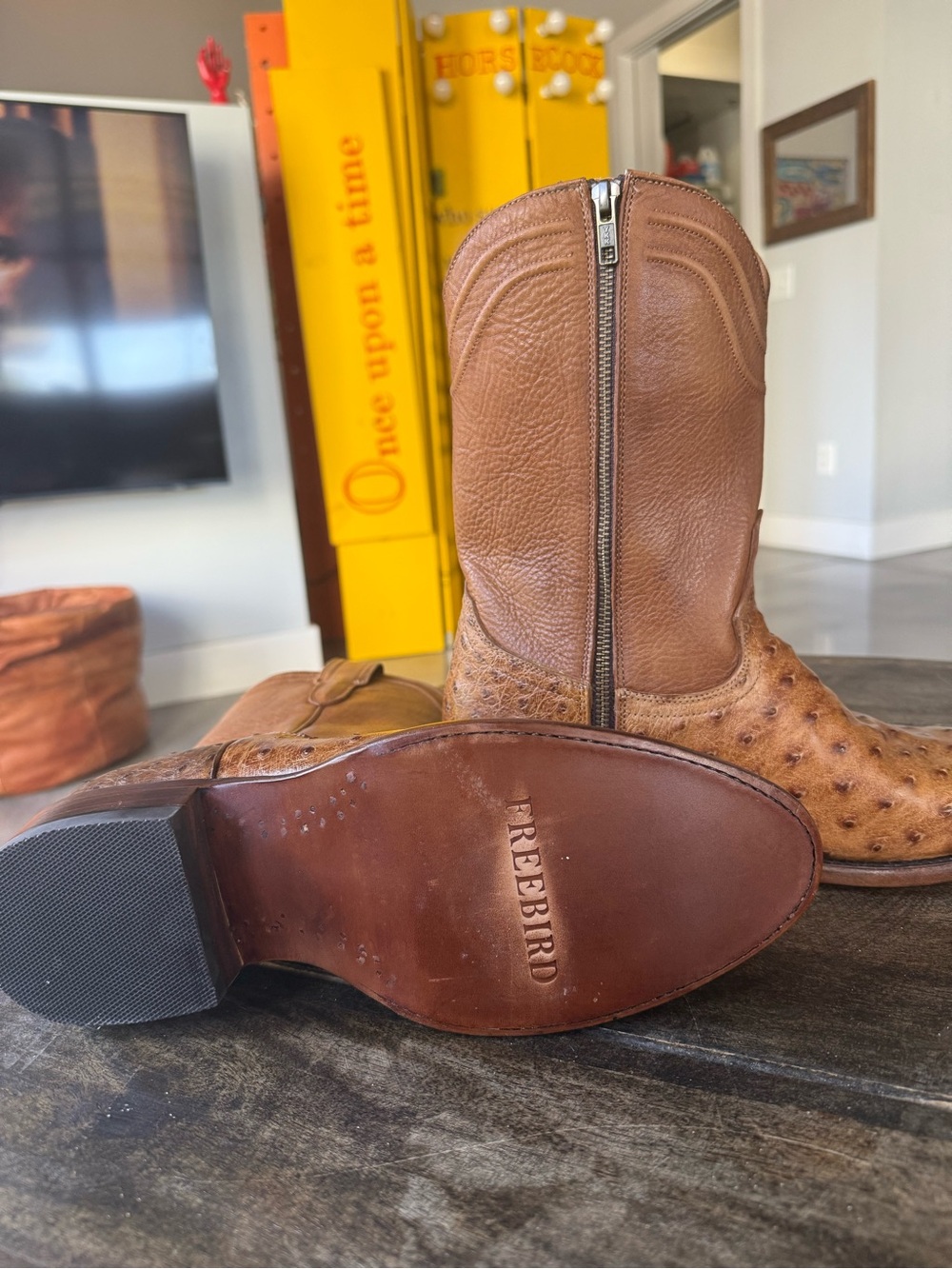 Freebird by Steven Brown Leather Western Zip Boots with Ostrich Texture - Picture 1 of 3